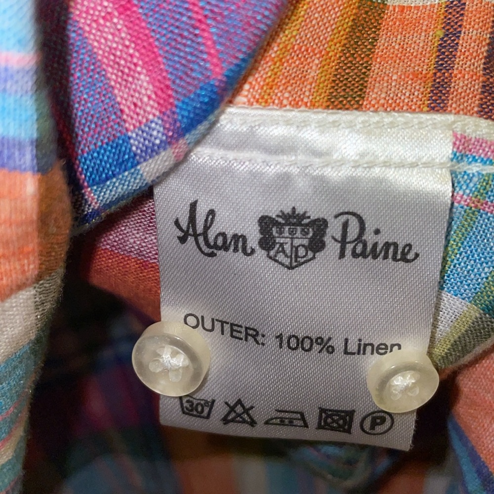 Alan Payne men’s Large 100% Linen multicolor plaid long sleeve shirt. EUC - Picture 7 of 8